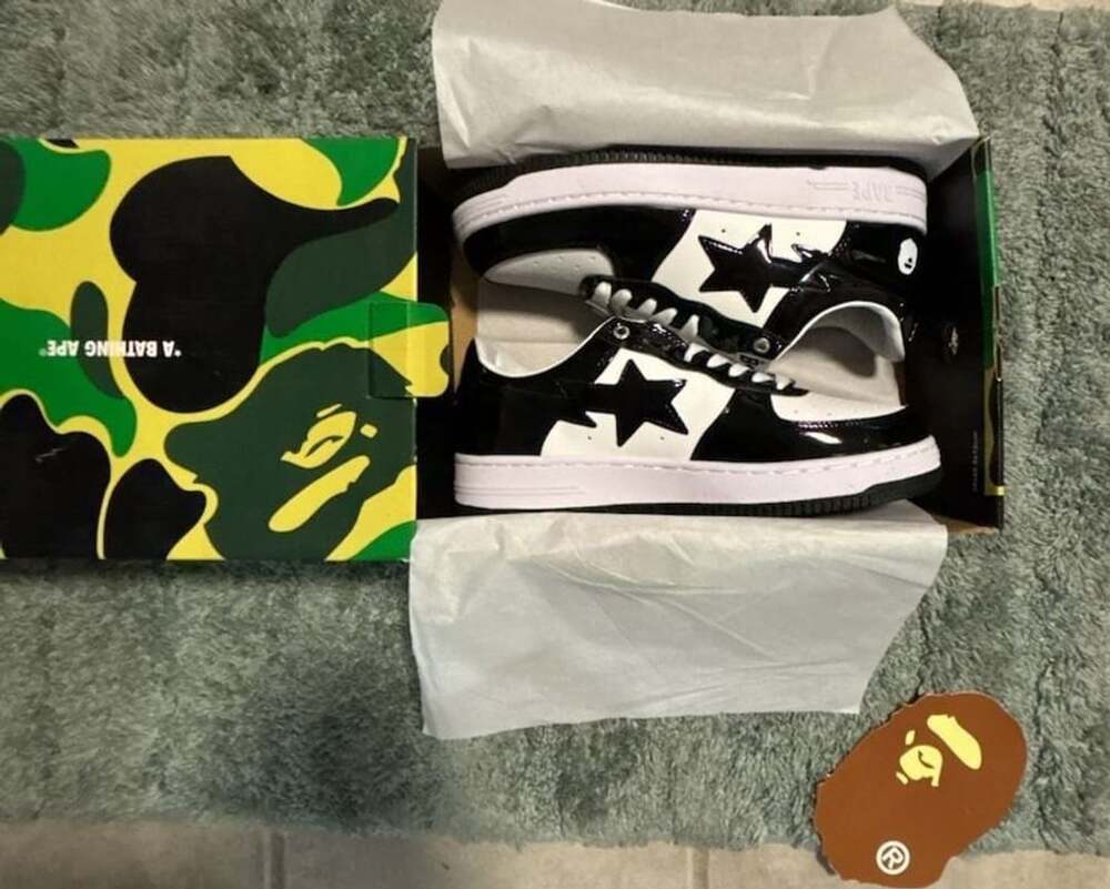 A Bathing Ape Bape Sta Low Black White Patent Leather Sneakers